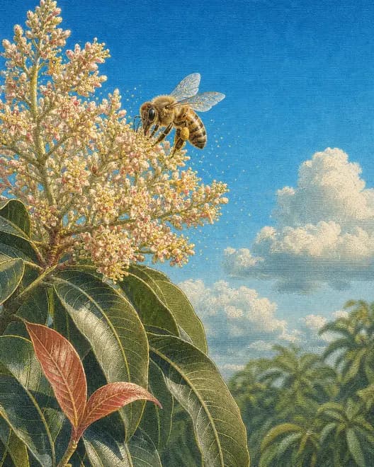 A honeybee working a mango flower panicle, drawn as a hand-coloured engraving