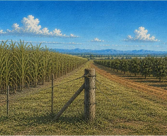 A surveyor’s peg on the headland where a cane block meets an orchard — mapping your farm.