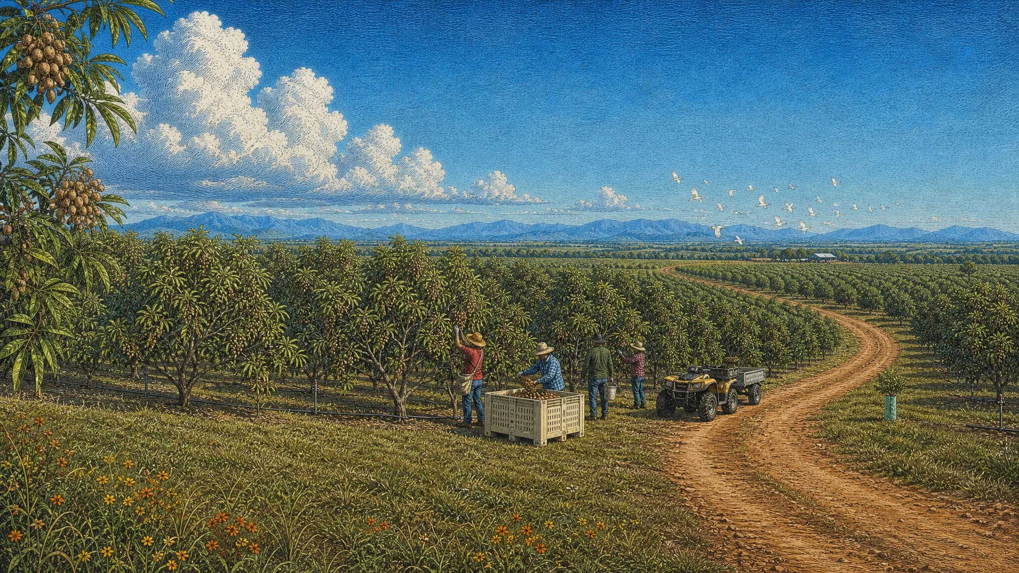 A longan harvest in Far North Queensland, drawn as an engraved plate: a picking crew fills a bulk bin beside a red-ochre track that winds away through the orchard, with a flock of white cockatoos lifting off the far rows under blue ranges.