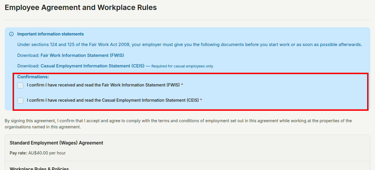 The Fair Work and casual information statement confirmations boxed in red above the worker's wage agreement